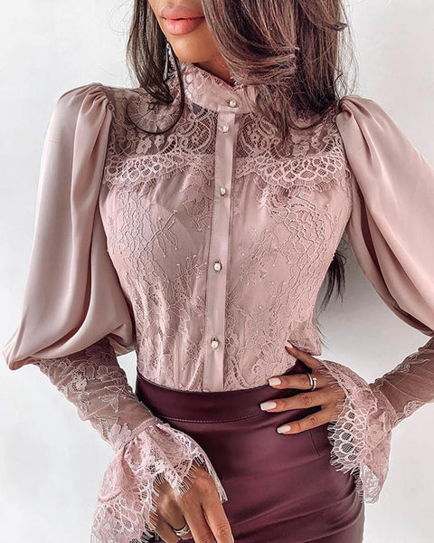 Lace Patchwork Puff Sleeve Buttoned Blouse