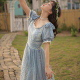 2019 new fashion women's dresses Vintage literary dress female summer popular slash neck lace