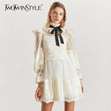 TWOTWINSTYLE Mesh Lace Patchwork Women's Dress Stand Collar Lace Up Lantern Sleeve High Waist Dresses Female 2019 Sexy New