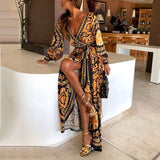 Fashion female sexy deep V-neck elegant dress puff sleeve floral print high waist split Exotic long dress for women 2019