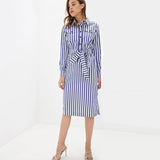 Women Casual Sashes Striped Straight Dress Office Lady Long Sleeve Turn Down Collar Shirt Dress 2019 Autumn Elegant Women Dress