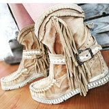 Women Ankle Short Boots Tassels Round Toe Buckle Strap Boots Ethnic Style Warm Non-slip Boots Shoe For Ladies Botas Mujer