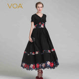 VOA 2017 Summer Black Sexy V-neck High Waist Short Sleeve Silk Party Dress Vintage Plus Size Women Print Maxi Dress ALX03801