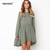 VIEUNSTA 2018 New Lantern Sleeve Autumn Pleated Dress O-neck Solid Botton Loose Dresses Elegant Party A-line Mini Dress Vestidos